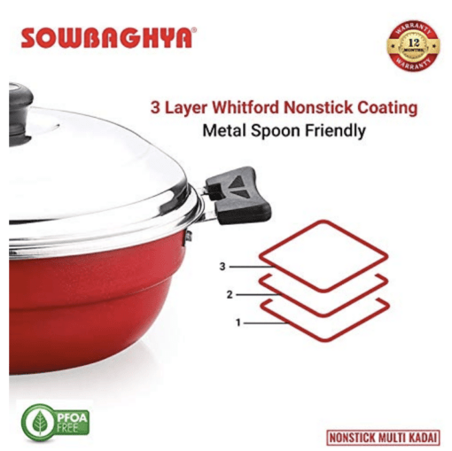 Sowbaghya Non Stick Induction Base Multi Kadai (2 Idli Plates + 1 Steamer Plate) (Dia: 250mm) (Thickness: 3mm) (3Ltr) | All-in-One Idli Cooker Multi Kadhai Steamer | Idli Maker with Steamer - Image 4